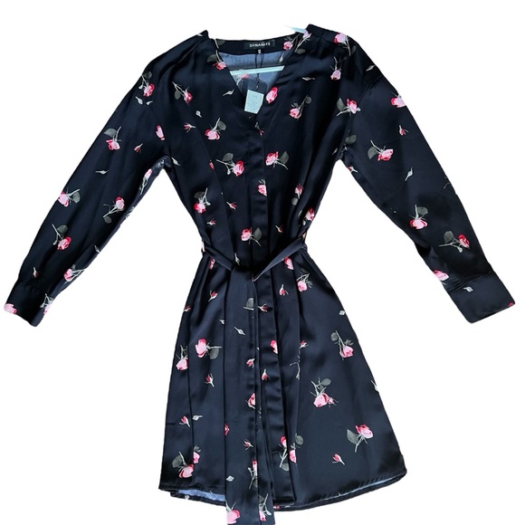 Dynamite Black Floral Button Down Wrap Dress V Neck Long Sleeves NWT Size S - Picture 1 of 17